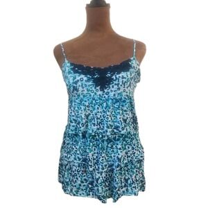 Y2K Babydoll Cami Size M Blue Green Leopard Tiered Tank Mudd‎ Vintage Crochet